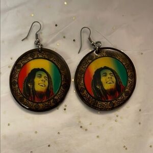 Round wooden Bob Marley disc earrings